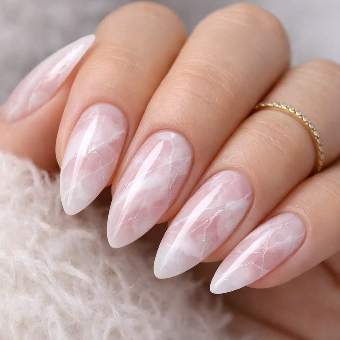 Pink almond gel nail extensions for Nove Academy nail courses in Saskatoon